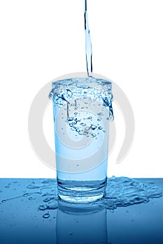 Overflowing mineral water in transparent glass with drops and bu photo