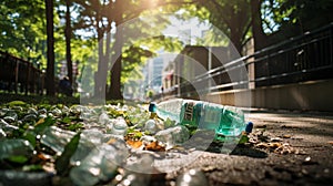 Overflowing Recycling Bin amidst Lush Greenery - Eco-consciousness captured in a single frame