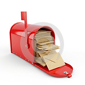 Overflowing red mailbox packed full of envelopes and letters