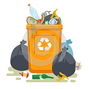 Overflowing trash can. Food garbage in waste bin with nasty smell. Rubbish dump and trash recycling vector isolated photo