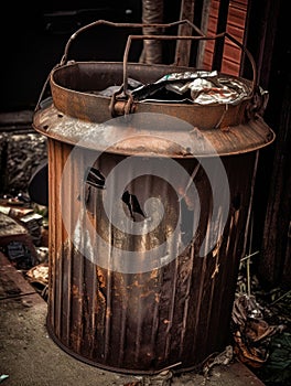 An overflowing trash can the smell of waste and decay hanging in the air.. AI generation