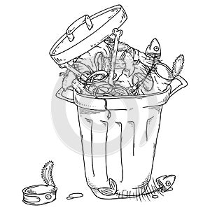 Overflowing trash can. Vector unsorted pile of garbage