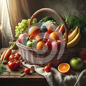 Overflowing Wicker Basket with Fresh Fruits and Vegetables on Rustic Table