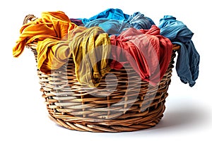 Overflowing wicker basket with vibrant laundry