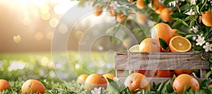 Overflowing wooden crate with ripe oranges in lush garden, embodying essence of bountiful harvest