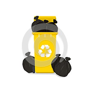 Overflowing yellow garbage bin with household waste isolated on white background.