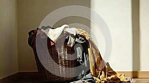Overfull laundry basket, clothes overflowing photo