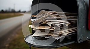 Overfull Mailbox on a Rural Roadside: A Collection of Letters and Bills photo