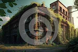 overgrown and abandoned factory, with broken windows and rusty machinery