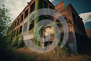 overgrown and abandoned factory, with broken windows and rusty machinery