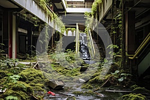 Overgrown Abandoned Industrial Interior with Lush Greenery.