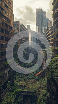 Overgrown Cityscape with Collapsed Structures photo