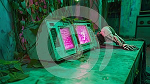 Overgrown Cyberpunk Lab with Robotic Arm photo