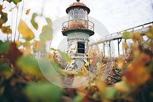 overgrown foliage encroaching on abandoned lighthouse