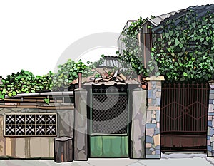 Overgrown ivy fence with front door and slum construction