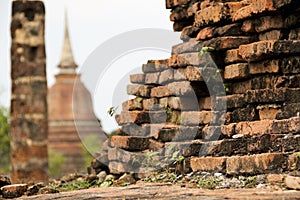 Overgrown old brick wall sukhothai temple ruins