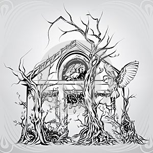 Overgrown old house with owls. vector illustration