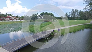 Overgrown pond with a bridge, lawn, trees and two people standing below