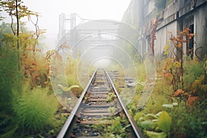 overgrown railway tracks heading into fog