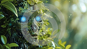 Overgrown robot face with glowing blue eyes