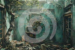 An overgrown room with nature reclaiming space, a television amongst the foliage, evoking themes of abandonment and photo