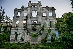 Overgrown ruins of abandoned palace, Abkhazia. Green post-apocalyptic concept