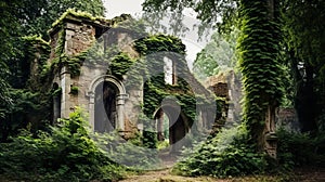 Overgrown ruins of a medieval manor house