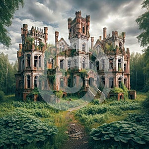 Overgrown Ruins of an Old Castle in a Forest Clearing. AI Generated