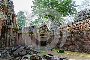 Overgrown ruins on Ta Prohm Temple, Angkor, Siem Reap, Cambodia. Big roots over the walls of a temple.