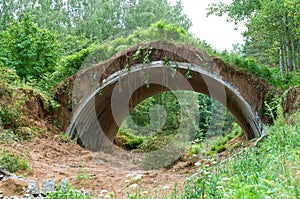 Overgrown shed in the woods, the old hangar for planes, a military hangar in a forest