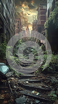 Overgrown Staircase in Abandoned Urban Alley photo
