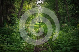 overgrown trail in the forest, with vibrant green flora and fauna