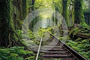 overgrown train tracks in a forest setting