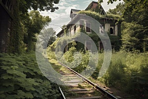 overgrown train tracks leading to abandoned stationhouse