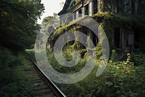 overgrown train tracks leading to abandoned stationhouse