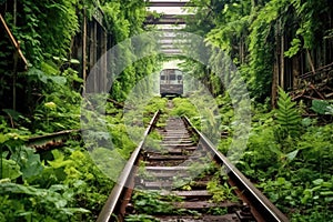 overgrown train tracks leading to derailed train photo