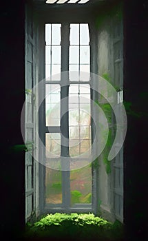 Overgrown window in an abandoned house - digital art