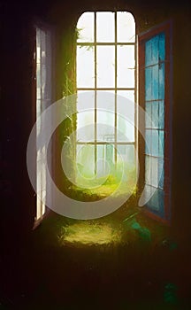 Overgrown window in an abandoned house - digital art