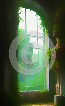 Overgrown window in an abandoned house - digital art