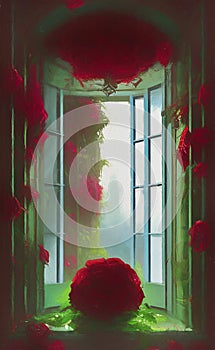 Overgrown window in an abandoned house - digital art