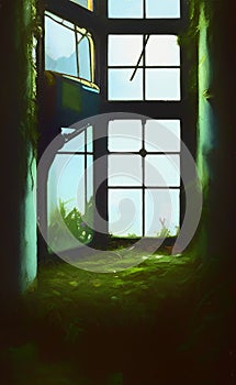 Overgrown window in an abandoned house - digital art