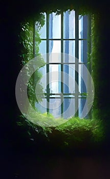 Overgrown window in an abandoned house - digital art