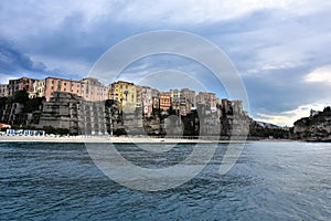 Overhanging houses with overlooking at the seafront in tropea, C