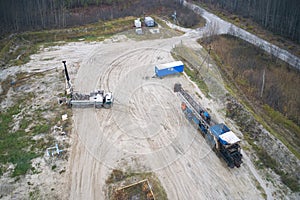 Overhaul of an oil well. Geophysical research. Filming from a drone. photo