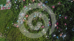 Overhead aerial drone moves over houses and roads with cars in dense trees (Saint Lucia)