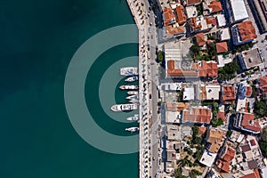 Overhead aerial drone shot of Argostolion bund street in summer afternoon in Kefalonia island