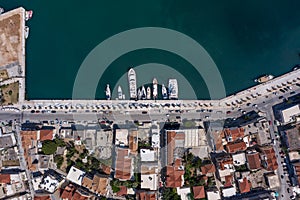 Overhead aerial drone shot of Argostolion bund street in summer afternoon in Kefalonia island