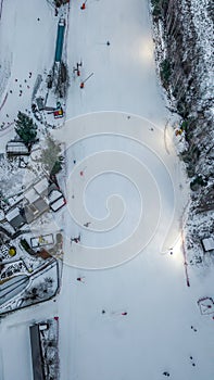 Overhead aerial drone view ski slope domaine des planards in Chamonix