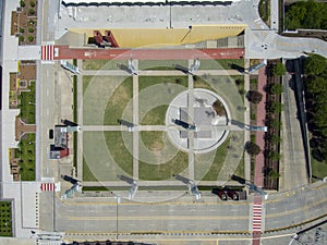 overhead aerial shot of Georgia International Plaza with green trees and grass outside of the Georgia World Congress Center