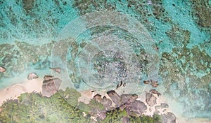 Overhead aerial view of Anse Source Argent Beach in La Digue, Seychelle Islands - Africa